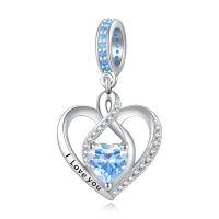 wholesale 925 Sterling Silver Heart Birthstone Charms for Bracelets Jewelry Gifts-Dangle - Mar - Aquamarine