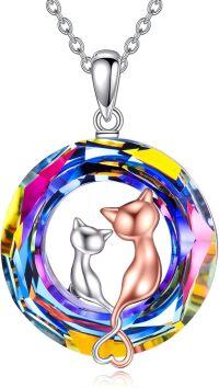 wholesale 925 Sterling Silver Rainbow Crystal Cat Pendant Necklace with Rose Gold Plated Kitty Charm s for Women Girls-04 two cats