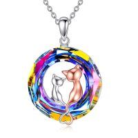 wholesale 925 Sterling Silver Rainbow Crystal Cat Pendant Necklace with Rose Gold Plated Kitty Charm s for Women Girls-04 two cats