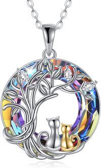 wholesale 925 Sterling Silver Rainbow Crystal Tree of Life Pendant with Cats and Moon Charm for Cat Lovers-Two Cat Tree Volcano Crystal