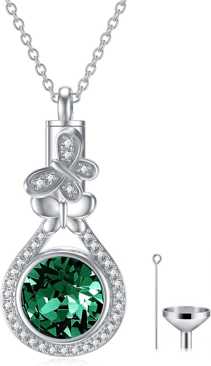 925 Sterling Silver Austrian Crystal Butterfly Urn Necklace for Ashes-0-0