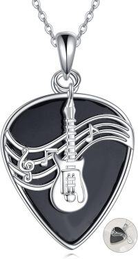 wholesale 925 Sterling Silver Guitar Note Music Pendant Necklace with Black Onyx Stone for Women and Men-Guitar Necklace