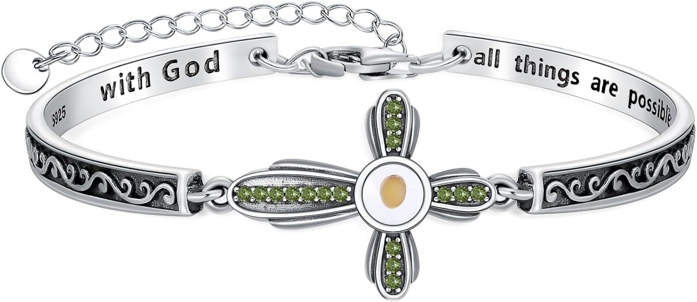wholesale 925 Sterling Silver Mustard Seed Cross Bracelet with 12 Birthstones God All Things Possible Bangle Christian Jewelry Gift for Women-August