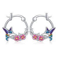 wholesale 925 Sterling Silver Hummingbird Flower Hoop Earrings-Hummingbird