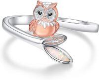 wholesale 925 Sterling Silver & Lab-Created White Opal Adjustable Owl Ring with Rose Gold Plating-Owl
