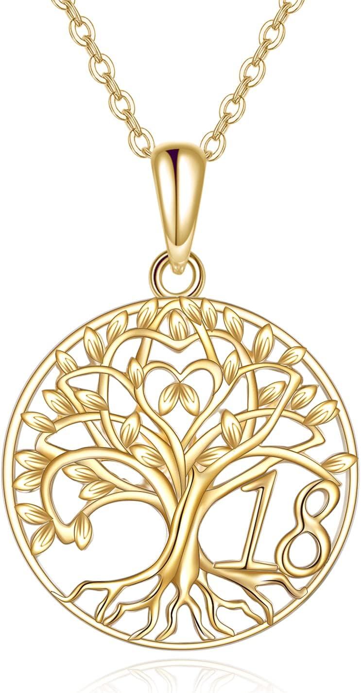  14K Gold Stone Tree of Life Necklace for Women 16th 18th 40th 50th Birthday Gifts -18th