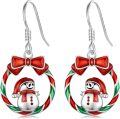wholesale 925 Sterling Silver Metal Snowman Christmas Dangle Earrings with Red Bow and Green Stripes - Holiday  for Women-0-0