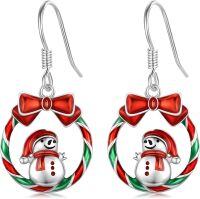wholesale 925 Sterling Silver Metal Snowman Christmas Dangle Earrings with Red Bow and Green Stripes - Holiday  for Women-Snowman