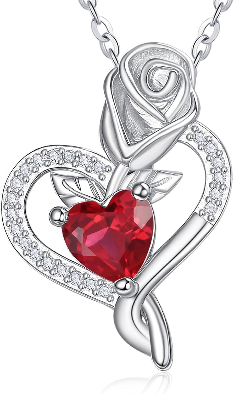 Sterling Silver Birthstone Heart Pendant Necklace for Women-07-July