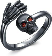wholesale Sterling Silver Skull Ring Adjustable Punk Gothic Skeleton Jewelry Halloween Gift for Women Men-Black