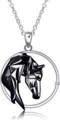 wholesale 925 Sterling Silver Black Crystal Geometric Horse Head Circle Pendant Necklaces - Mothers Day Gift for Her-0-0