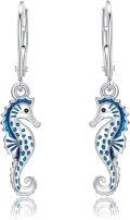 wholesale 925 Sterling Silver Blue Enamel Sea Horse Leverback Earring Set - Ocean Inspired Gift for Her-0-0