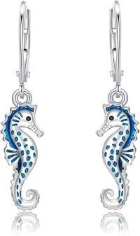 wholesale 925 Sterling Silver Blue Enamel Sea Horse Leverback Earring Set - Ocean Inspired Gift for Her-Light Blue