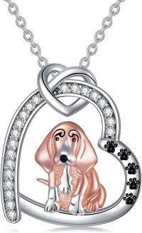 wholesale 925 Sterling Silver Heart-Shaped Pendant with Dachshund Design and Cubic Zirconia Stones - Gifts for Women-Basset Hound