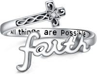 wholesale 925 Sterling Silver Faith Cross Adjustable Spoon Ring for Women - All Things Are Possible -Silver