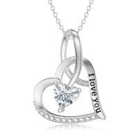 wholesale 925 Sterling Silver I Love You Heart Pendant with Moissanite and Cubic Zirconia Chain Necklaces for Women-I love you