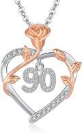 wholesale 925 Sterling Silver Heart-Shaped Rose Flower Pendant Necklace with 90 Charm - Gift for Women's 90th Birthday-0-0