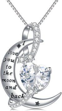 wholesale 925 Sterling Silver Birthstone Love You to the Moon Heart Necklace-04-April-Simulated Diamond