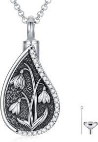 wholesale Sterling Silver Birth Flower Teardrop Urn Necklace for Ashes Memorial Jewelry-01-Snowdrop-01-Snowdrop-Custom
