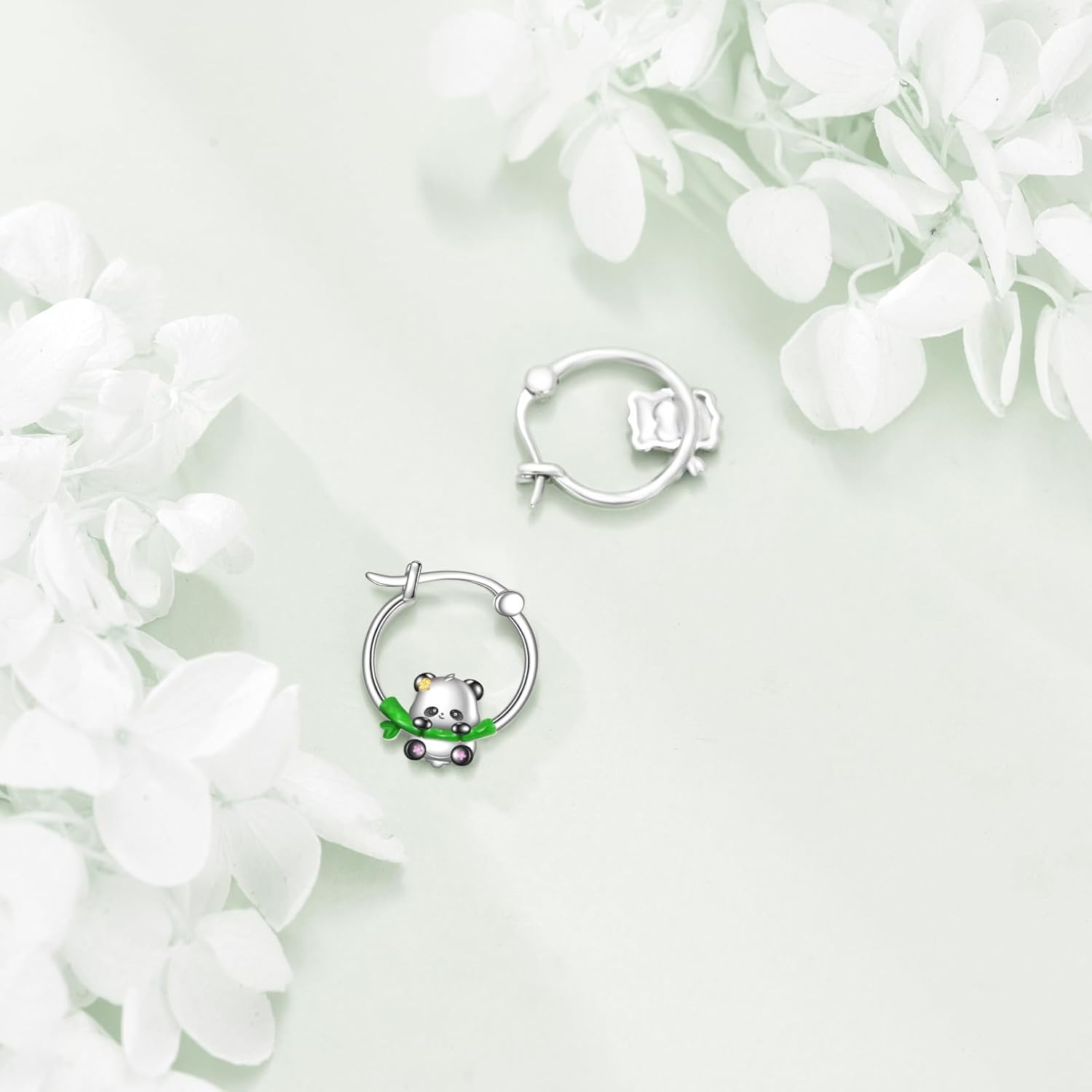 wholesale 925 Sterling Silver Cute Panda Bamboo Leaf Hoop Earrings Gift for Girls and Women-0-2