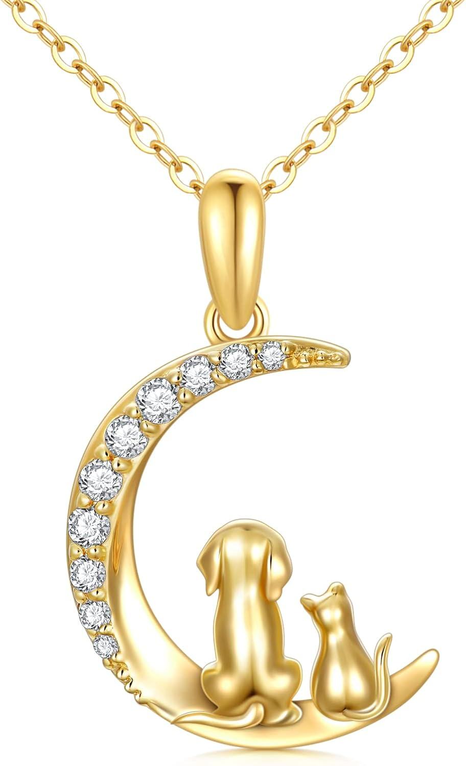 wholesale 14K Gold Crescent Moon with Dog and Cat Charm Necklace for Women - Pet Lover Gifts-0-0
