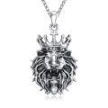 wholesale 925 Sterling Silver Crown Lion Head Pendant Necklace Oxidized Silver Mens Jewelry-0-0
