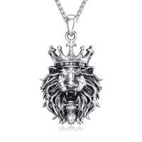 wholesale 925 Sterling Silver Crown Lion Head Pendant Necklace Oxidized Silver Mens Jewelry-Crown Lion Necklace-A
