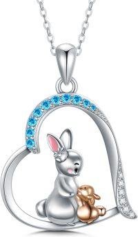 wholesale 925 Sterling Silver Blue Crystal Heart Rabbit Family Pendant Necklace for Women Girls  48cm Chain Length-Bunny Necklace