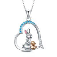 wholesale 925 Sterling Silver Blue Crystal Heart Rabbit Family Pendant Necklace for Women Girls  48cm Chain Length-Bunny Necklace