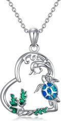 wholesale 925 Sterling Silver Heart-Shaped Wave with Blue Opal Turtle and Dolphin Pendant Necklace - Gifts for Her-0-0