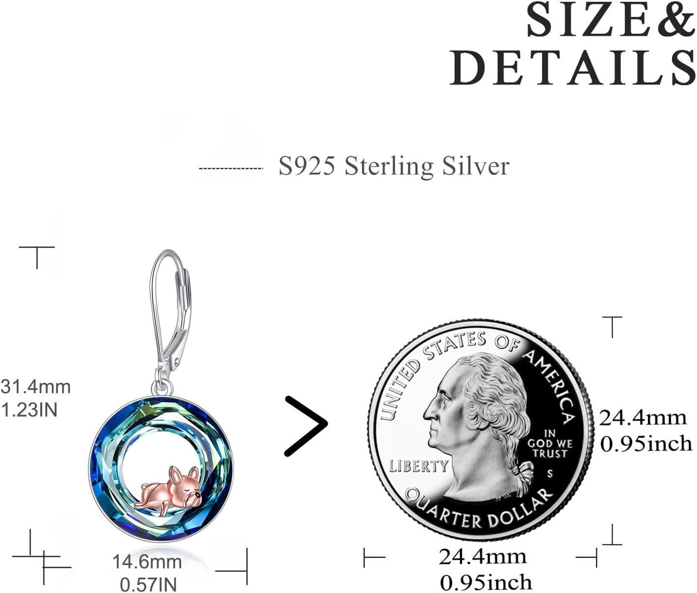 Sterling Silver Blue Crystal French Bulldog Leverback Earrings for Women-0-3