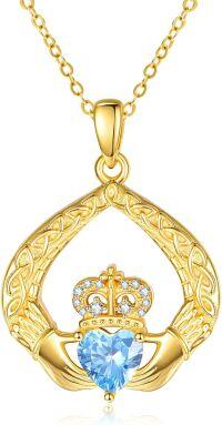 wholesale 925 Sterling Silver Claddagh Birthstone Pendant Necklaces for Women-03 Mar - Aquamarine