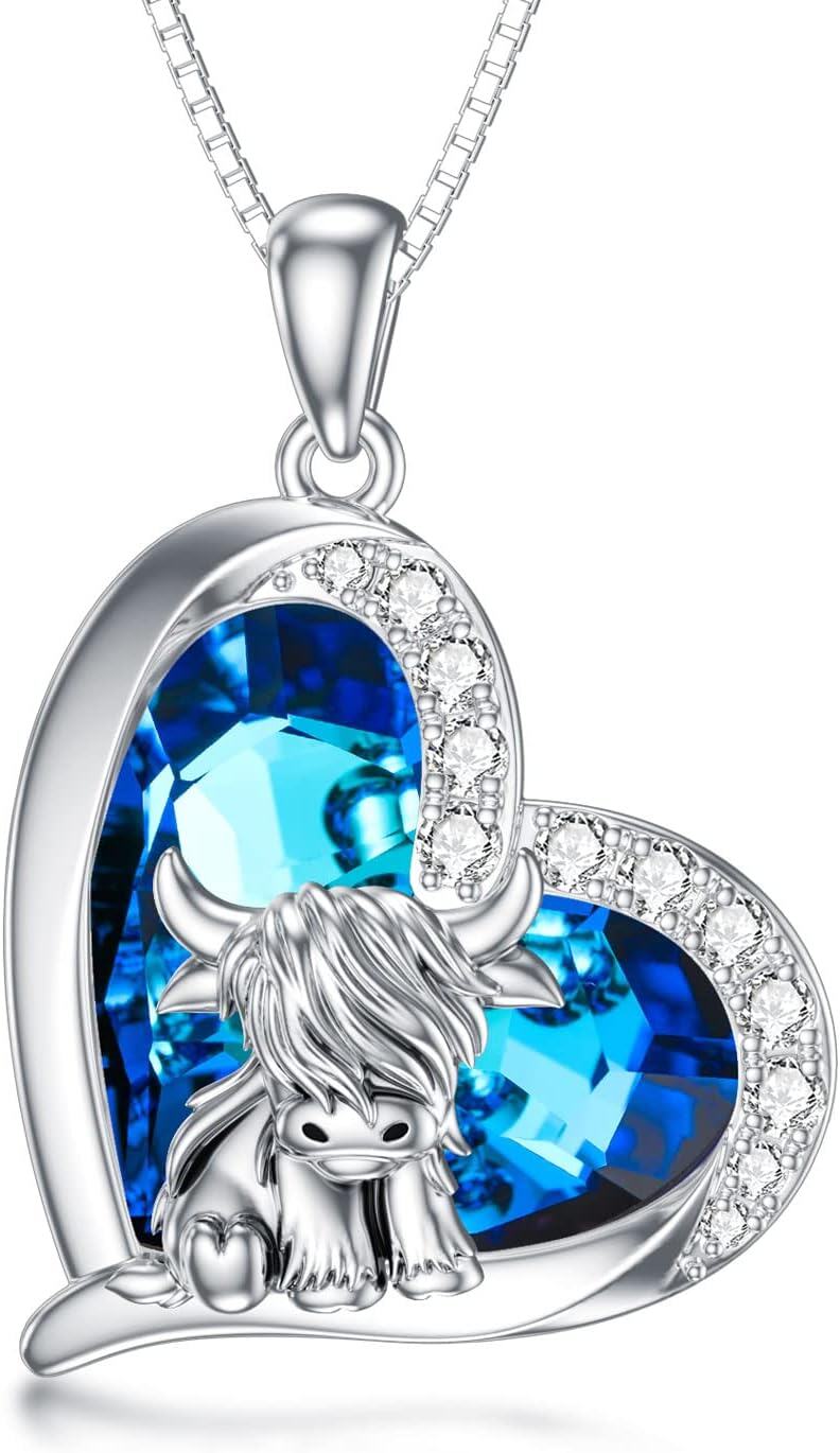 Sterling Silver Highland Cow Birthstone Necklace Jewelry Gifts for Women Girls-0-4-Blue Crystal-0-4-Blue Crystal