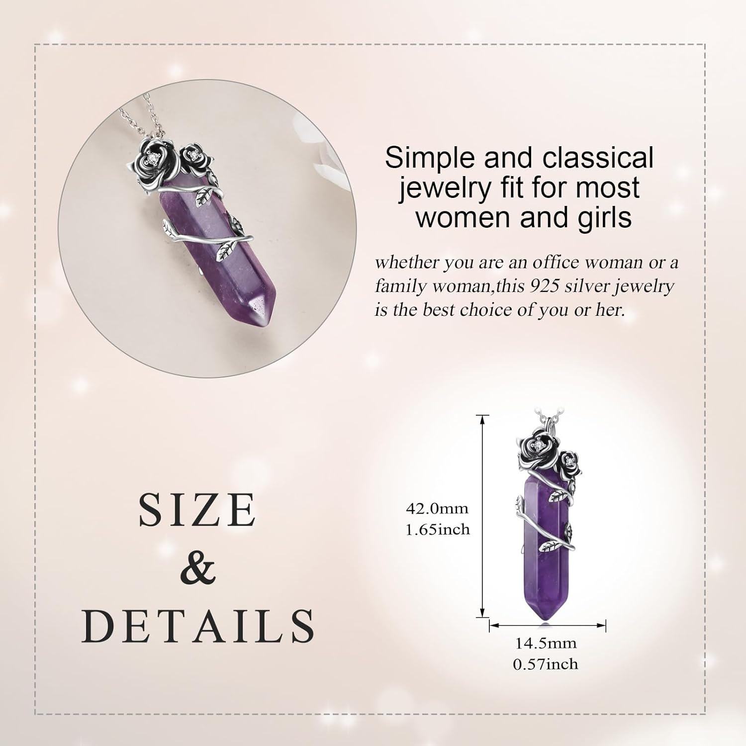 Sterling Silver Amethyst Crystal Necklace Rose Pendant Jewelry Gift-0-4