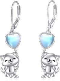 wholesale 925 Sterling Silver Heart-Shaped Moonstone Cat Drop Earrings-Cat