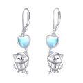 wholesale 925 Sterling Silver White Gold Plated Cute Cat Heart Moonstone Drop Earrings-0-0
