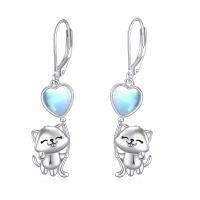 wholesale 925 Sterling Silver White Gold Plated Cute Cat Heart Moonstone Drop Earrings-Cat