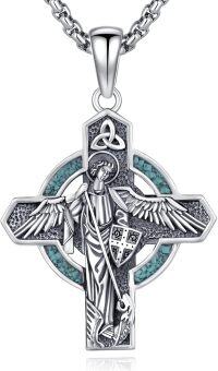wholesale 925 Sterling Silver Turquoise Angel Winged Cross Pendant Necklace for Men & Women-A001-St. Michael(Turquoise)