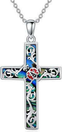 wholesale 925 Sterling Silver Cross Pendant with Abalone Shell Inlay and Ladybug Charm Necklace for Women Gifts-Ladybug