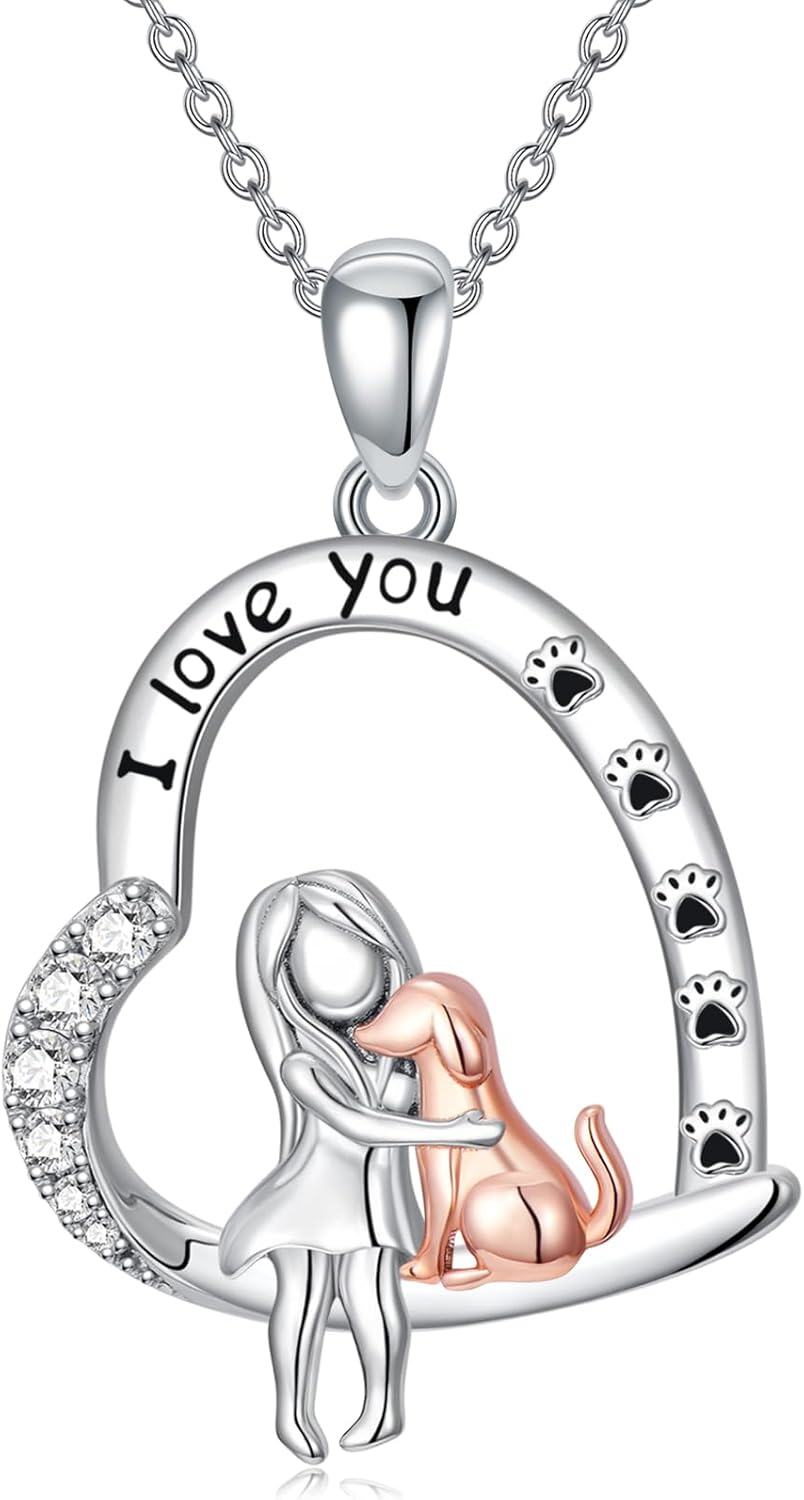 Sterling Silver Dog Necklace with Paw Print I Love You Heart Engraved Gift for Women Pet Lovers-0-0