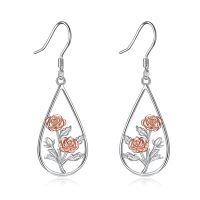 wholesale 925 Sterling Silver Teardrop Rose Earrings Wholesale With Pink Accents And Silver Leaves-June-Rose