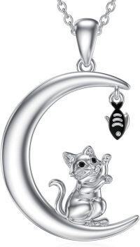wholesale 925 Sterling Silver Crescent Moon & Cat Fish Charm Necklace Jewelry-2-Cat