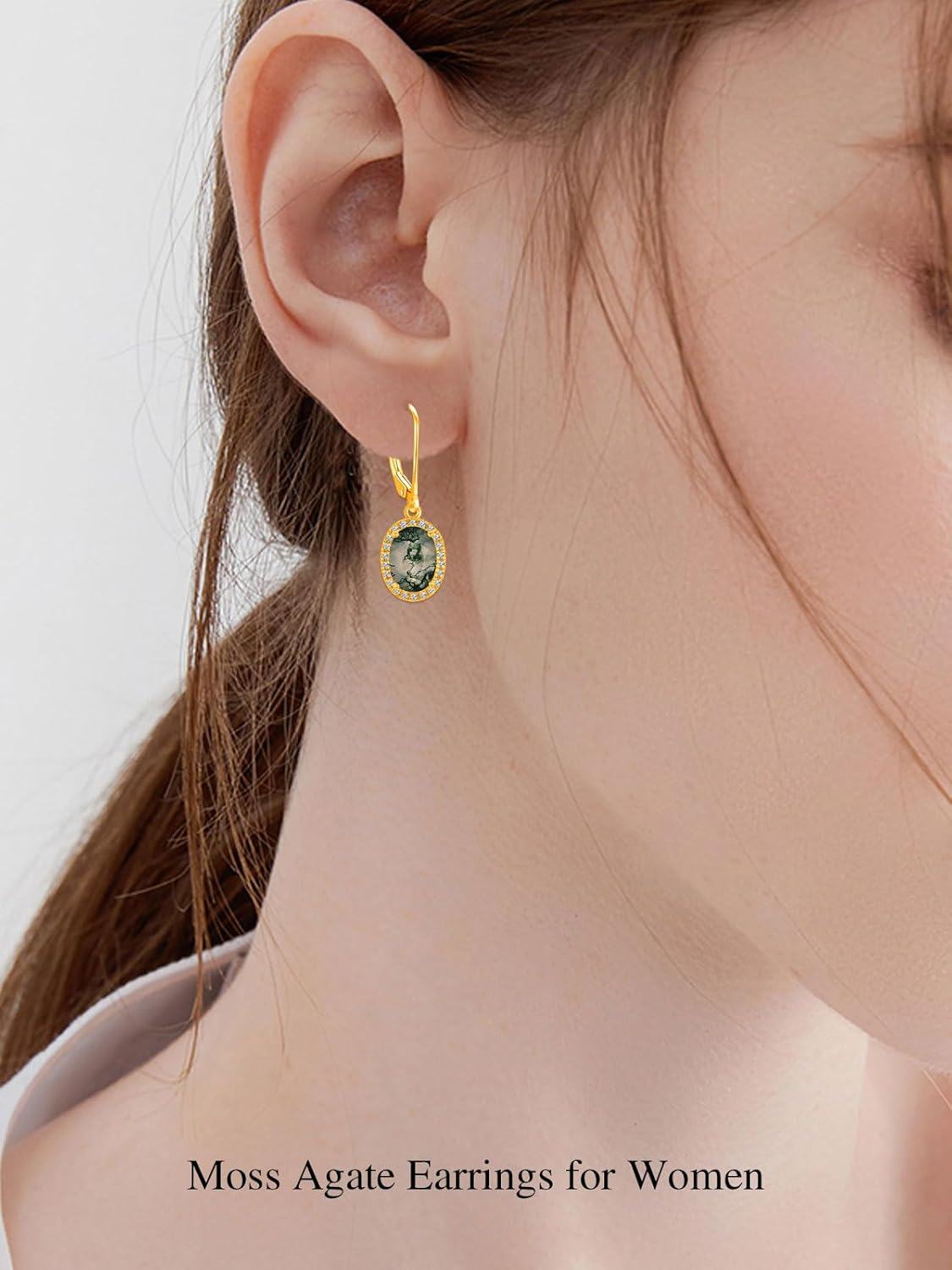 14K Gold Moss Agate Moissanite Leverback Drop Dangle Earrings for Women-0-3