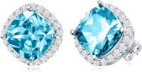 wholesale 925 Sterling Silver CZ Simulated Birthstone Sparkle Halo Square Stud Earrings-March Birthstone