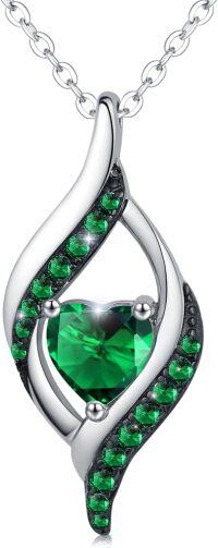 wholesale Platinum Plated 925 Sterling Silver Birthstone Necklace Heart Pendant Gift for Women-May-Emerald