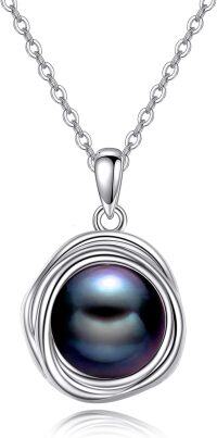 wholesale 925 Sterling Silver Round Black Pearl Pendant Necklace with Moonstone and Opal Stone for Women Gift-Black Pearl Necklace