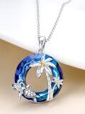 wholesale 925 Sterling Silver Blue Crystal Sea Turtle & Coconut Tree Pendant Necklace-0-1
