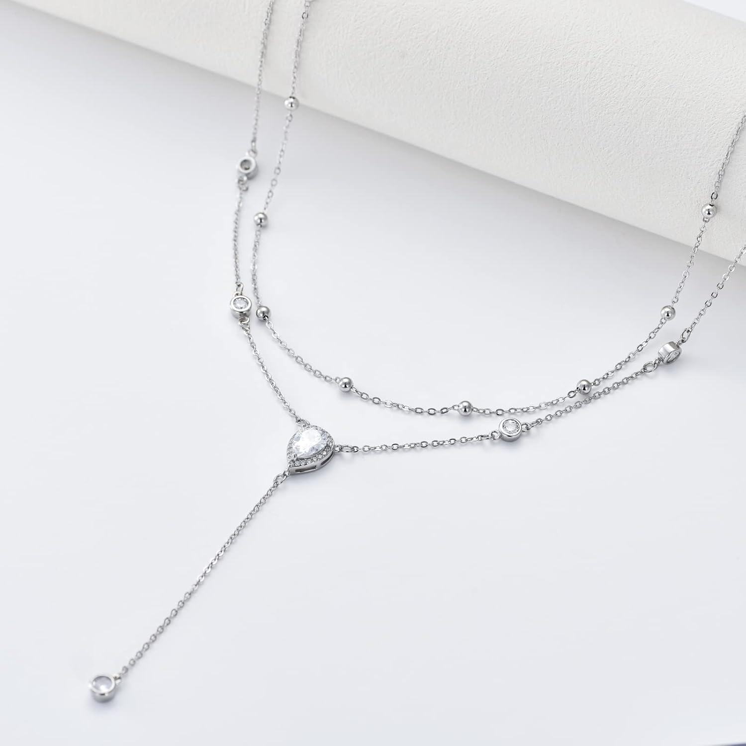 925 Sterling Silver CZ Pear Shape Beaded Double Chain Y-Necklace Christmas Gift for Her-0-2
