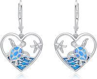 wholesale 925 Sterling Silver Blue Opal Sea Turtle Heart Leverback Dangle Earrings with Starfish and Wave Design - Ocean Beach s for Women & Sisters-Opal Sea Turtle With Starfish
