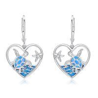 wholesale 925 Sterling Silver Blue Opal Sea Turtle Heart Leverback Dangle Earrings with Starfish and Wave Design - Ocean Beach s for Women & Sisters-Opal Sea Turtle With Starfish